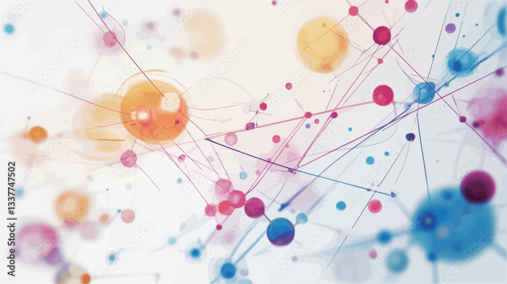 The image is an abstract representation of a network. It features numerous multicolored spheres of varying sizes connected by thin, multicolored lines on a white background. The spheres appear The image is an abstract representation of a network. It features numerous multicolored spheres of varying sizes connected by thin, multicolored lines on a white background. The spheres appear
