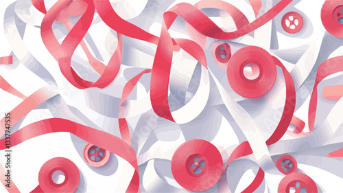 The image is a digitally created illustration featuring a chaotic yet aesthetically pleasing arrangement of red ribbons and buttons on a white background. The ribbons are various shades of red and