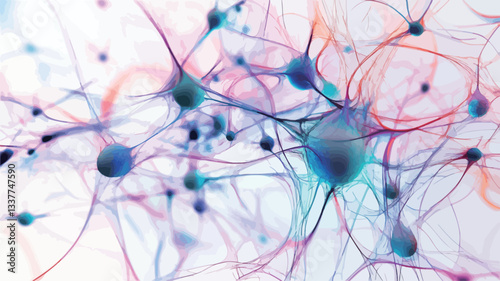 Microscopic view of a neural network, depicted as interconnected nodes (neurons) and pathways (synapses) rendered in shades of blue, pink, and white against a bright background.  The image is