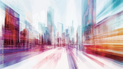 The image is an abstract representation of a cityscape, rendered with a strong motion blur effect.  The colors are vibrant and varied, primarily reds, oranges, purples, and blues.  The buildings