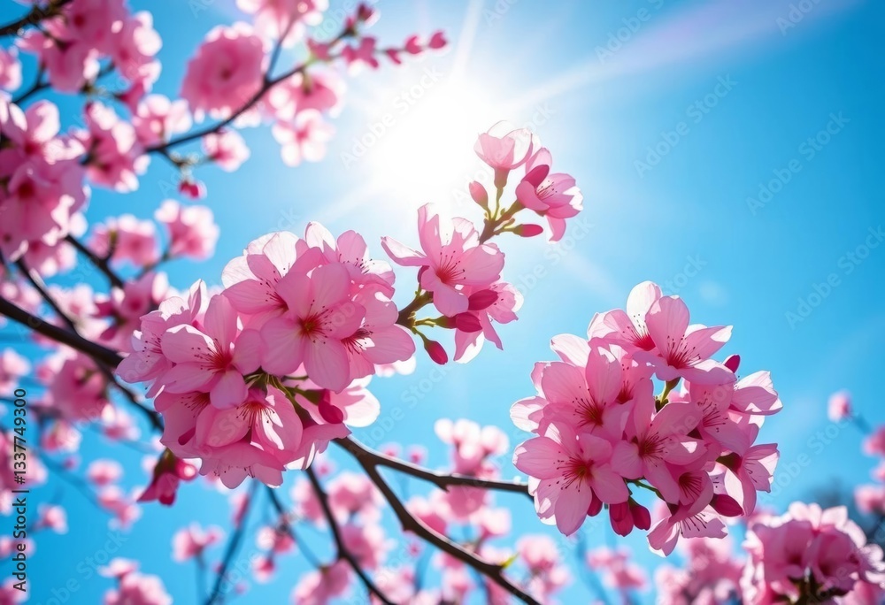 Obraz premium Sun-drenched cherry blossoms, vibrant pink against azure spring sky; budding and fully opened flowers, pink, pastel