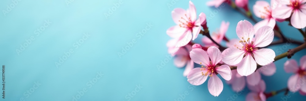 Fototapeta premium Delicate pink & white blossoms, vibrant blue backdrop Springtime floral arrangement , pastel, easter, pink