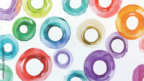 The image presents a pattern of numerous overlapping, irregularly shaped rings rendered in various bright colors. The rings are painted in a style reminiscent of watercolor, showing visible