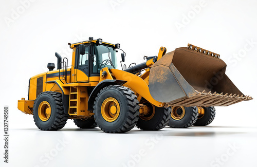 Yellow bulldozer loader close-up isolated on white backdrop. Heavy construction equipment with earthmoving bucket for earthworks. Excavation machinery, rental equipment, design element with machinery