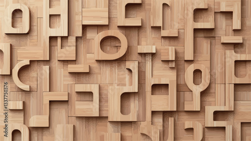 Close-up shot of a surface composed of numerous three-dimensional wooden letters and numbers arranged in a seemingly random pattern.  The letters and numbers appear to be cut from light brown wood,