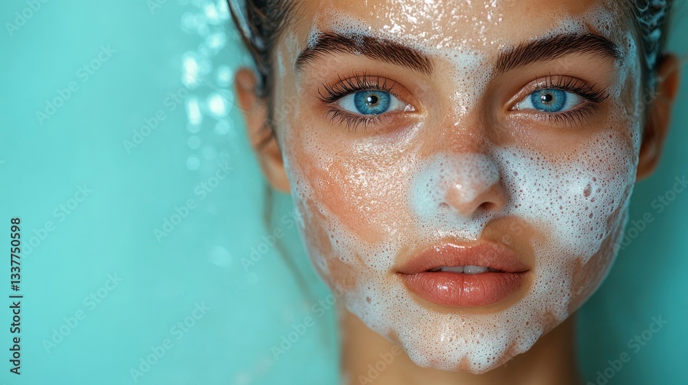 Woman with foam face wash in light teal water