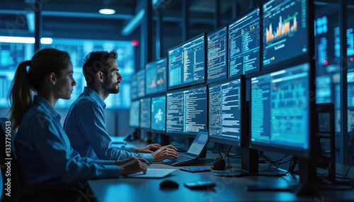 Engineer, system administrator work in telecommunications company datacenter. Man, woman in operation office room, looks at screens with charts, diagrams, code. Cyber security specialists monitor