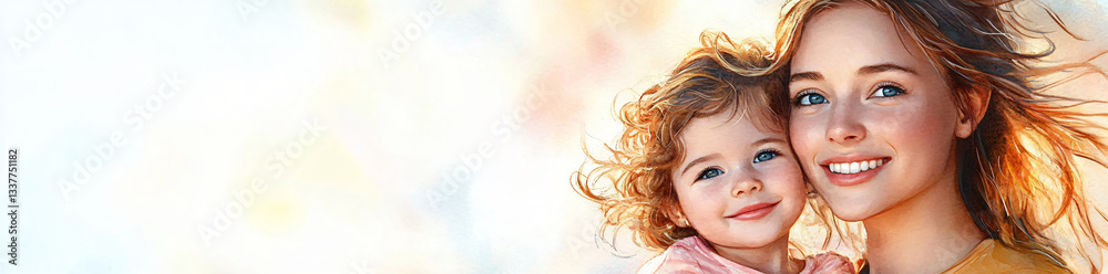 A cheerful watercolor illustration of a mother and her toddler, perfect for Mother's Day promotions, children's art, or joyful parenting content with ample copy space. A cheerful watercolor illustration of a mother and her toddler, perfect for Mother's Day promotions, children's art, or joyful parenting content with ample copy space.