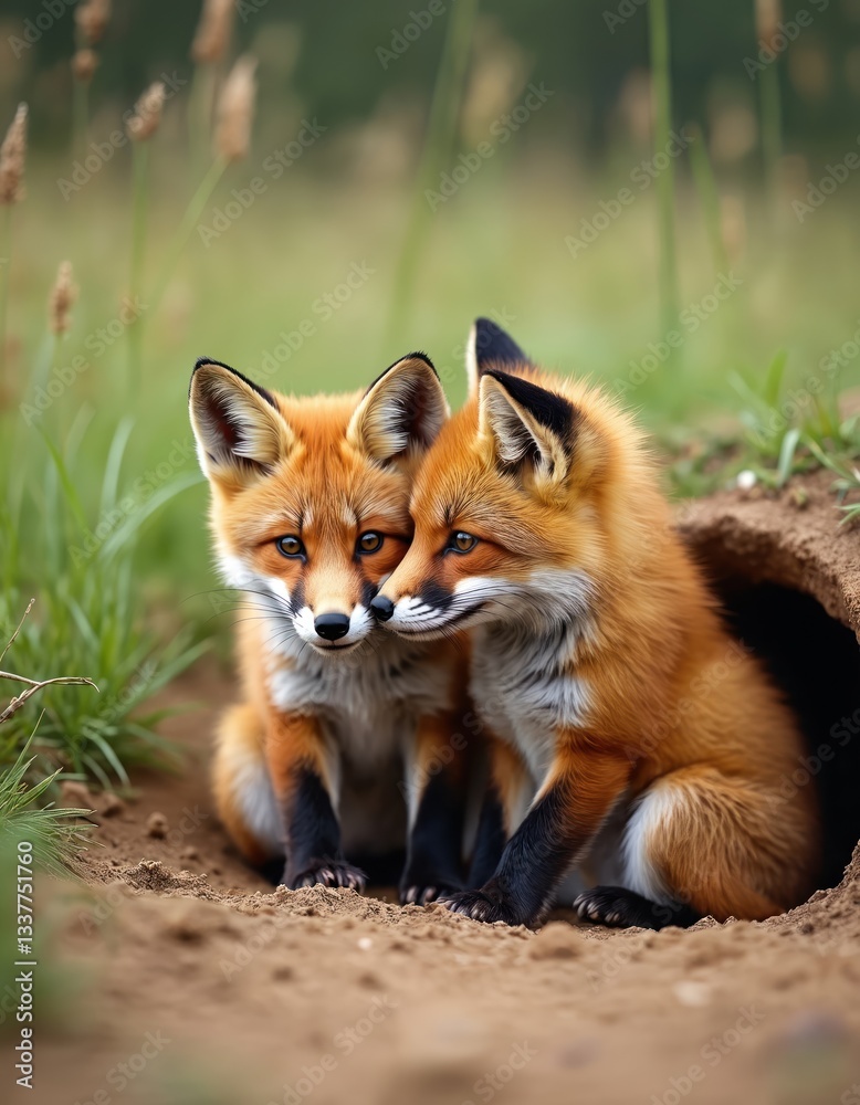 Naklejka premium Two adorable red fox kits at den, cuddling together. Furry baby animal wildlife, sitting in grass next to hole, look cute. Young foxes Vulpes vulpes portrait.