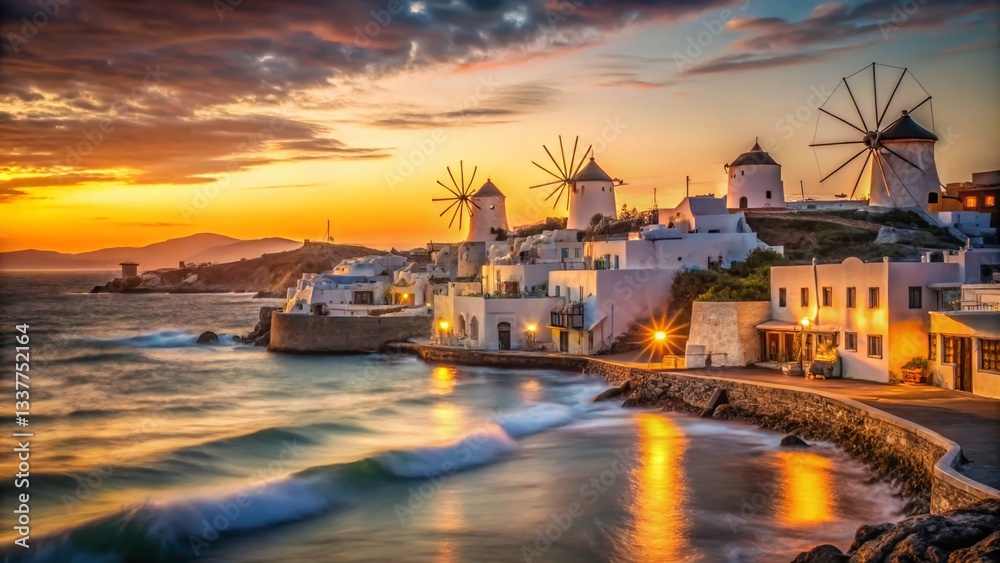 Fototapeta premium Mykonos Sunset: Windmills, Little Venice, Cyclades Island Panorama