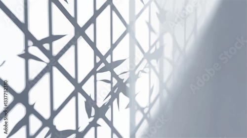 The image presents a grayscale photograph depicting the shadow of bamboo leaves cast upon a lattice or grid-like structure.  The shadows are sharp and detailed, showing the individual leaves and