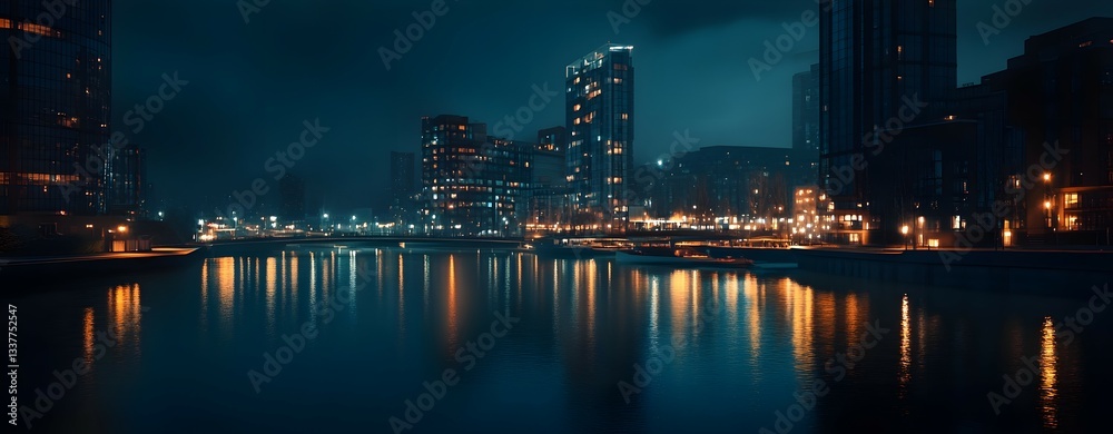 Fototapeta premium Captivating contemporary architecture and lighting create a cinematic atmosphere along the tranquil riverfront of this urban setting