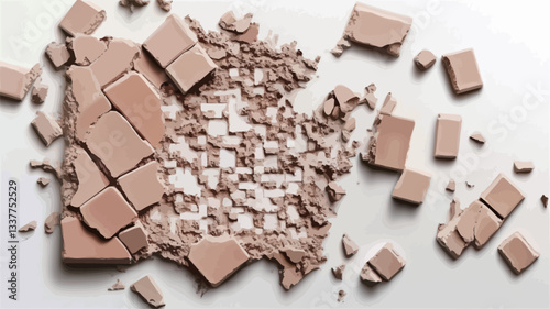 High-angle, close-up view of a shattered light brown pressed powder compact on a white background. The compact is broken into numerous irregular fragments, with some fine powder scattered around