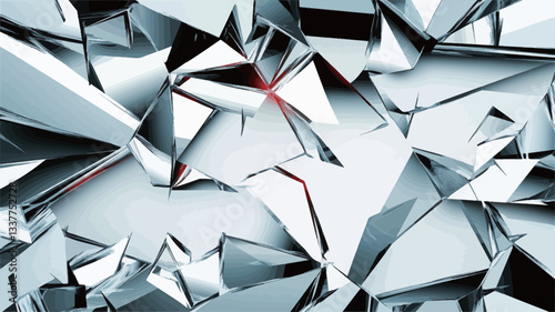The image presents a chaotic arrangement of predominantly white and grey triangular shapes, suggesting a shattered or fragmented geometric structure.  Red lines are interspersed throughout, acting