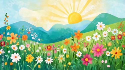 Sunny Meadow Landscape with Vibrant Wildflowers and Majestic Mountains