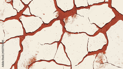 Close-up view of a textured surface exhibiting a network of deep cracks filled with a reddish-brown substance. The cracks are irregular in shape and size, creating a fragmented polygonal pattern