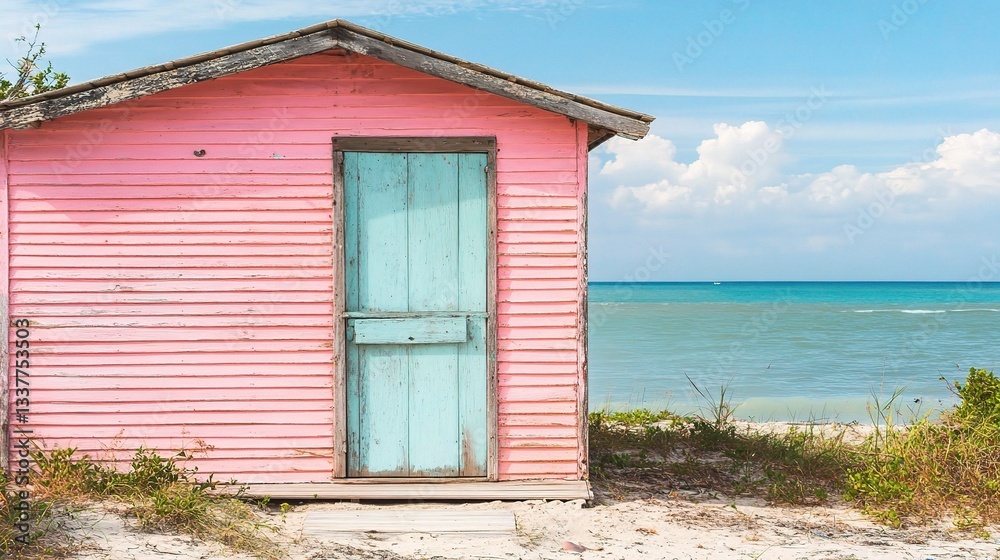 Nostalgic Beach Hut in Pastel Colors by the Ocean