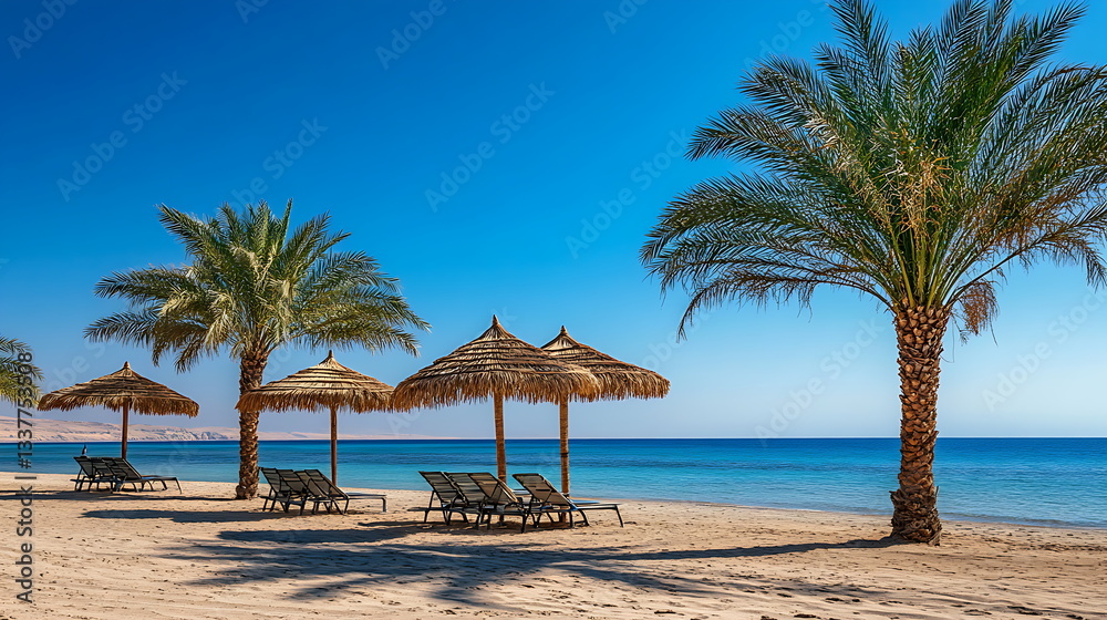 Photograph of palm trees and beach chairs Photograph of palm trees and beach chairs