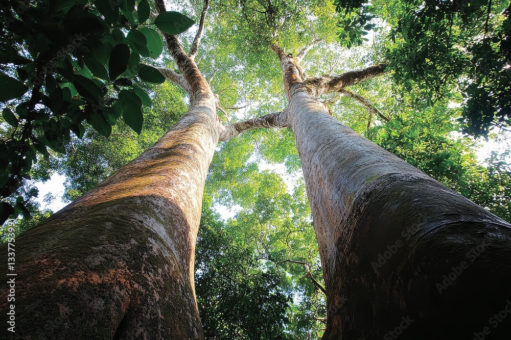 Fototapeta premium Lush Forest Canopy with Tall Trees and Green Leaves Offering Shade and Shelter