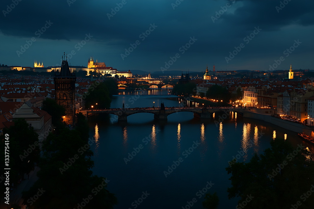 Prague cityscape with river and bridges at blue Prague cityscape with river and bridges at blue