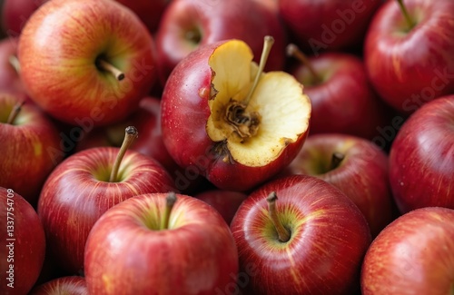 Pile of red apples with one bitten. Spoiled half-eaten apple among fresh fruits. Conceptual image of bad apple affecting whole group. Food waste problem with spoiled food.