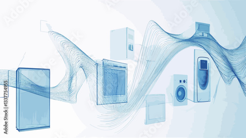 The image is a digital rendering depicting various household appliances in shades of light blue, presented in an abstract style.  The appliances appear to float amidst stylized, translucent blue