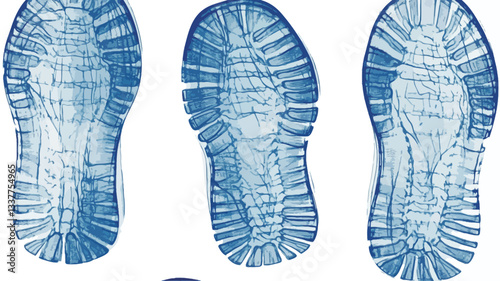 A close-up shot of three blue shoe soles, presented against a white background. The soles display a detailed texture and tread pattern.  The image is highly detailed and shows a clear view of the