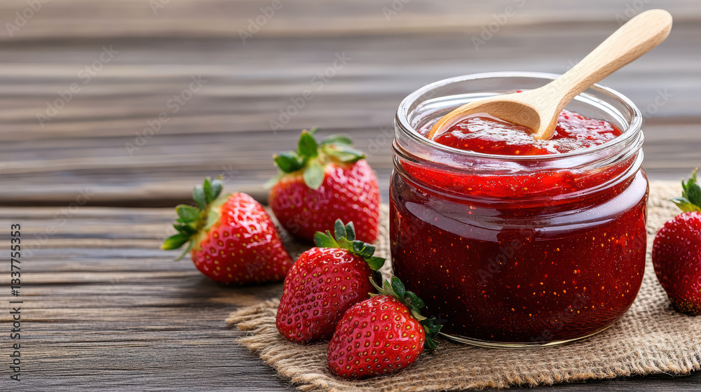 Homemade strawberry jam in glass jar with wooden spoon and fresh berries Homemade strawberry jam in glass jar with wooden spoon and fresh berries