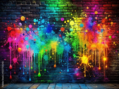Neon Graffiti Splashes on Black Brick Wall - Abstract Urban Art Stock Photo