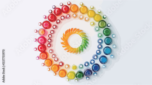 High-angle, close-up view of a circular arrangement of small, colorful containers on a white background. The containers are arranged in a concentric circle, with colors transitioning smoothly from