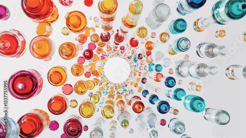 The image shows numerous small bottles of various shapes and sizes arranged in a dynamic, swirling pattern against a white background. The bottles are filled with liquids of diverse bright colors,