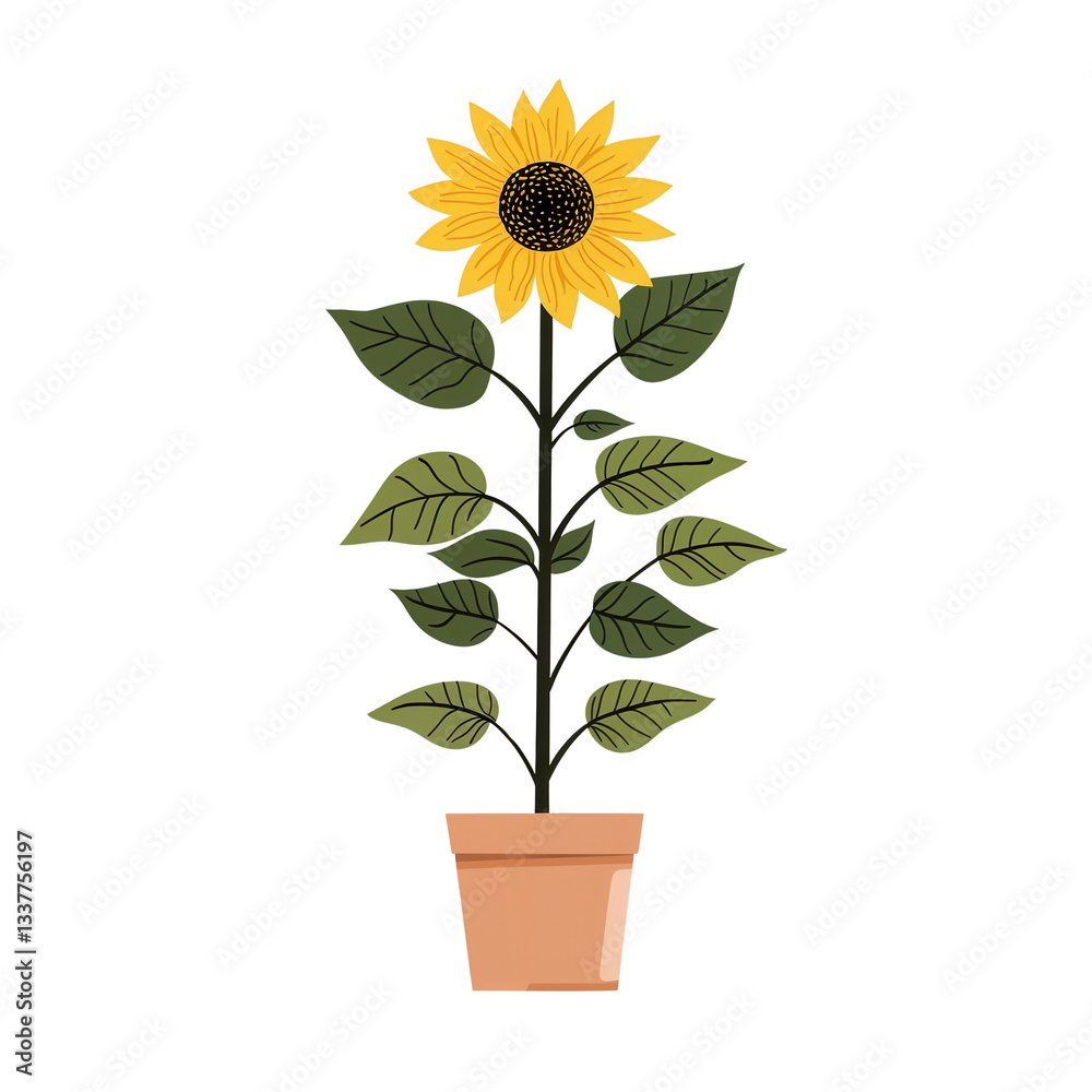 Obraz premium A vibrant sunflower proudly stands tall in its clay pot, showcasing its stunning yellow petals and rich brown center, surrounded by lush green leaves that suggest growth.