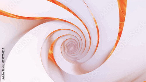 The image depicts a stylized spiral vortex.  The dominant colors are off-white and a warm orange-gold. The spiral is composed of multiple, concentric, slightly translucent bands that create a sense