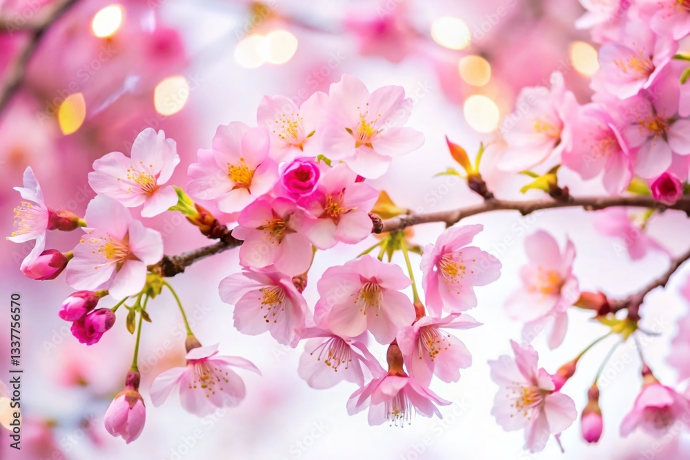 Fototapeta premium Night Blooming Pink Sakura Branches, Isolated White Background, Beautiful Spring Blossom