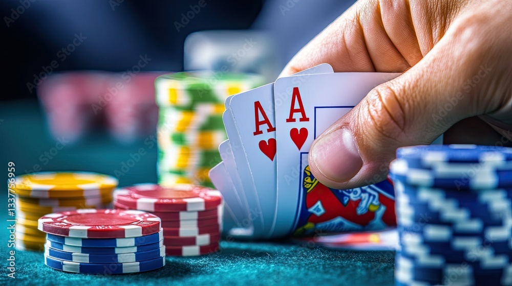 Poker player hand showing aces with stacks of colorful chips beside it Poker player hand showing aces with stacks of colorful chips beside it