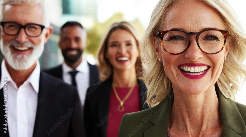 A Group Of Business People Walking Side By Side In A Corporate Environment, Smiling And Talking