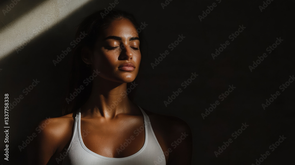 serene woman in stretching pose, illuminated by soft light serene woman in stretching pose, illuminated by soft light