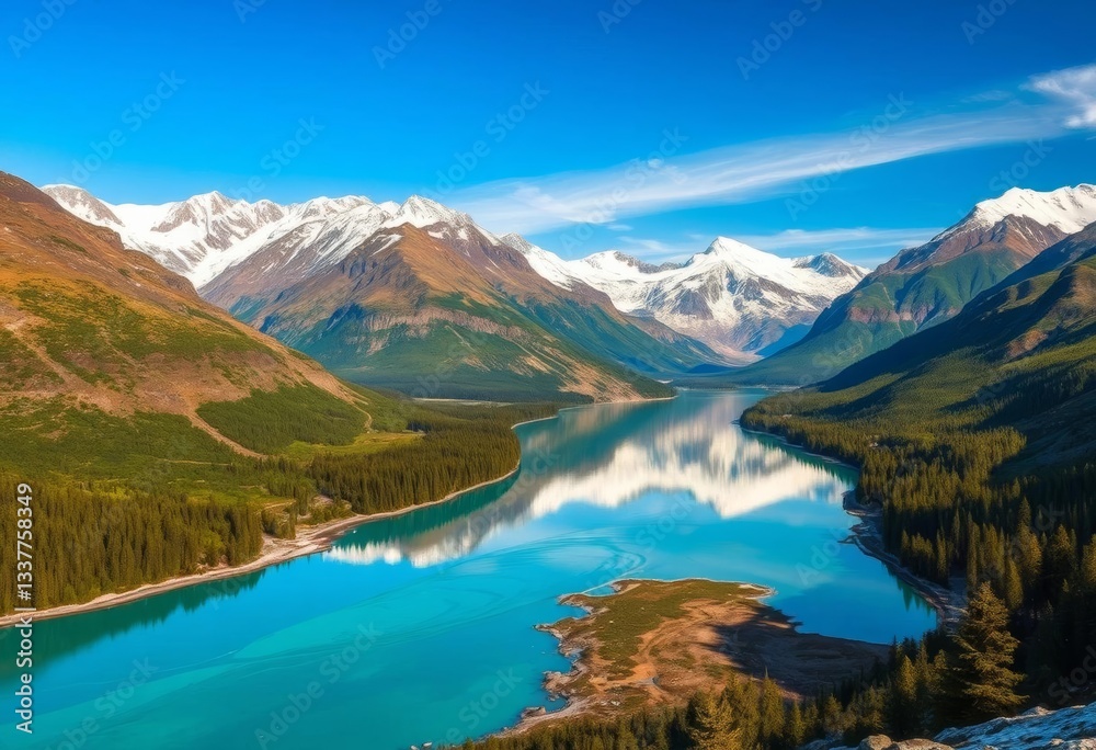 Emerald valley, snow-capped peaks reflected in distant river's gleam, sunlight, picture Emerald valley, snow-capped peaks reflected in distant river's gleam, sunlight, picture