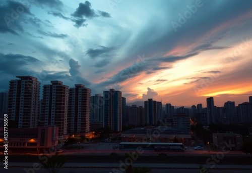 Empty cityscape at dusk, buildings silhouetted against a stormy sky, city, empty