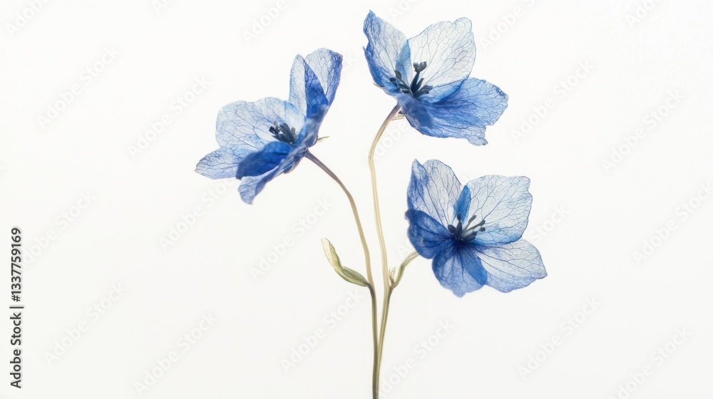 Fototapeta premium Delicate Blue Flowers with Transparent Petals Against White Background