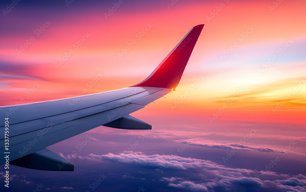 Fototapeta premium A breathtaking view of a colorful sunset from an airplane wing, highlighting the beauty of travel and exploration.