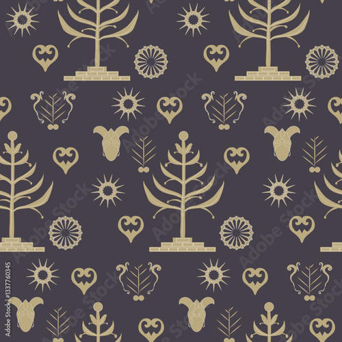 Stylized mystical trees, masks, hearts in the style of ancient Russian patterns.