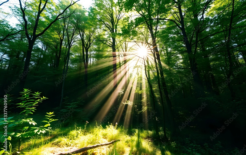 Obraz premium Beautiful rays of sunlight in a green forest, Fresh View in the Jungle 