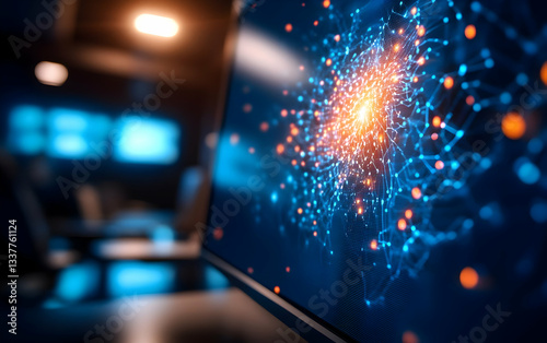 A close-up of a digital screen displaying an abstract network of interconnected data points and nodes, showcasing advanced technology.
