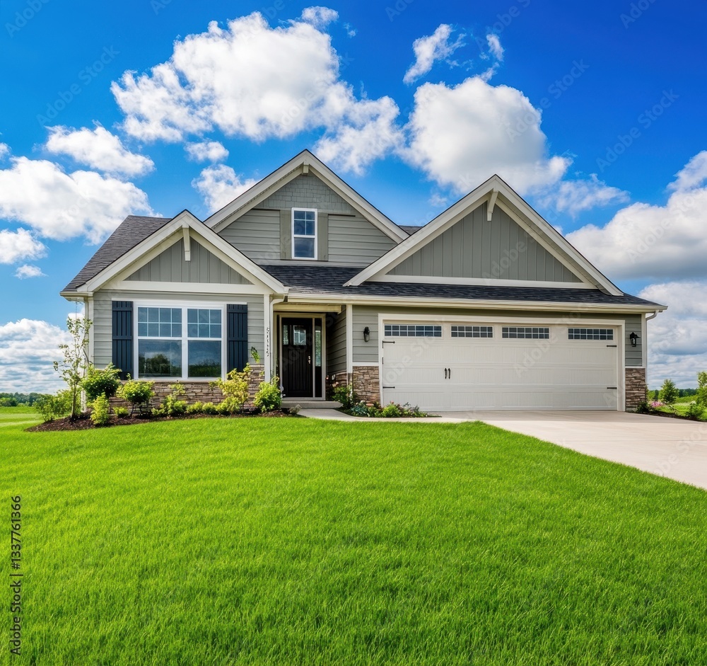 Charming suburban house with manicured lawn under a vibrant blue sky. Charming suburban house with manicured lawn under a vibrant blue sky.