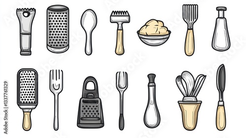 Collection of kitchen utensils and food
