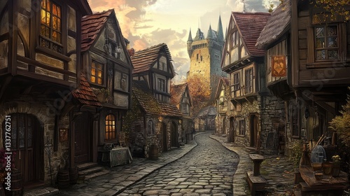 Fantasy medieval village with cobblestone streets and a towering castle at sunset. Ideal for storytelling, fantasy art, worldbuilding, and historical adventure themes photo