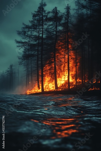 Fiery Forest Fire Engulfs Trees Near Water
