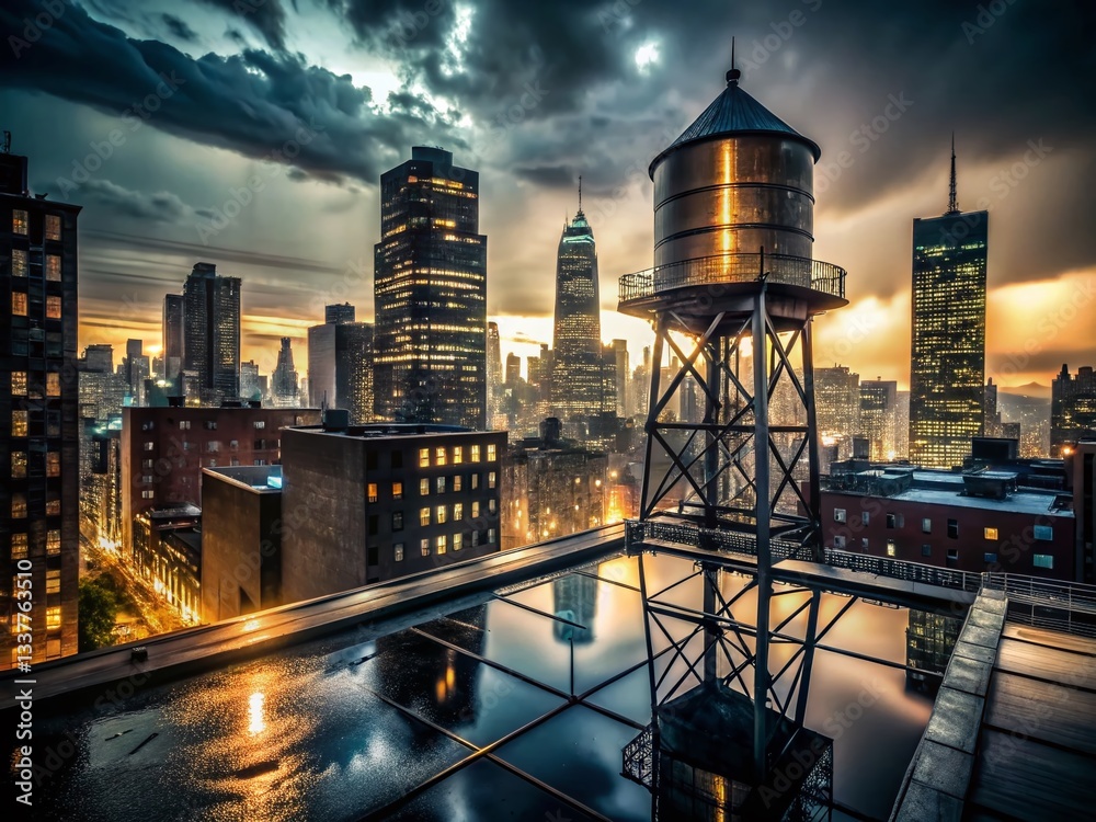 Fototapeta premium NYC Rooftop Water Tower Night Photography - Industrial Cityscape at Dusk