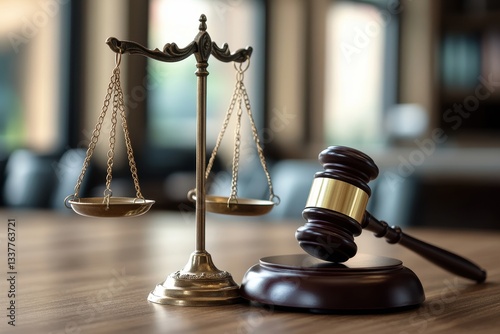Scales of justice and gavel on a wooden courtroom table.